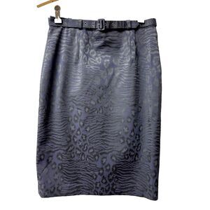 ETCETERA Womens Leopard Print Navy Blue Knee Length Belted Pencil Skirt SZ 2